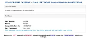 4h0959793aa Porsche 2014 Cayenne - Front Left Door Control Module #3